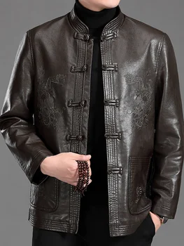 2022. gada pavasarī new Tang uzvalks mākslīgās ādas jaka vīriešiem pusmūža Ķīniešu stilā rotātu sprādzi ādas jaka vīriešu PU mētelis