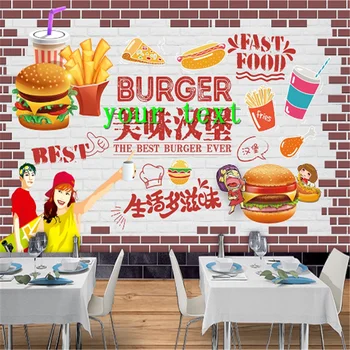 Burger Ātrās ēdināšanas Restorānu tapešu 3D Handburger Pārtikas, Uzkodu Bārs Rūpniecības Dekoru, Ķieģeļu Mūra Sienas Fona Tapetes, 3D