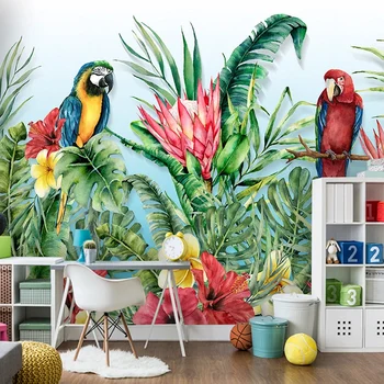 Pasūtījuma Sienas Tropu Augu Ziedu Putnu Papagailis Fresco Guļamistaba, viesistaba, Dīvāns TV Fona Sienas Apdare Tapetes Krāsošana