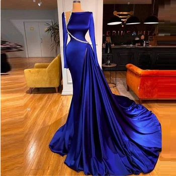 Vestidos noche largos pieticīgs vakarkleitas ar garām piedurknēm royal blue fāzēm luksusa oficiālas personas Tērpi sieviešu drēbes de saviesīgs vakars